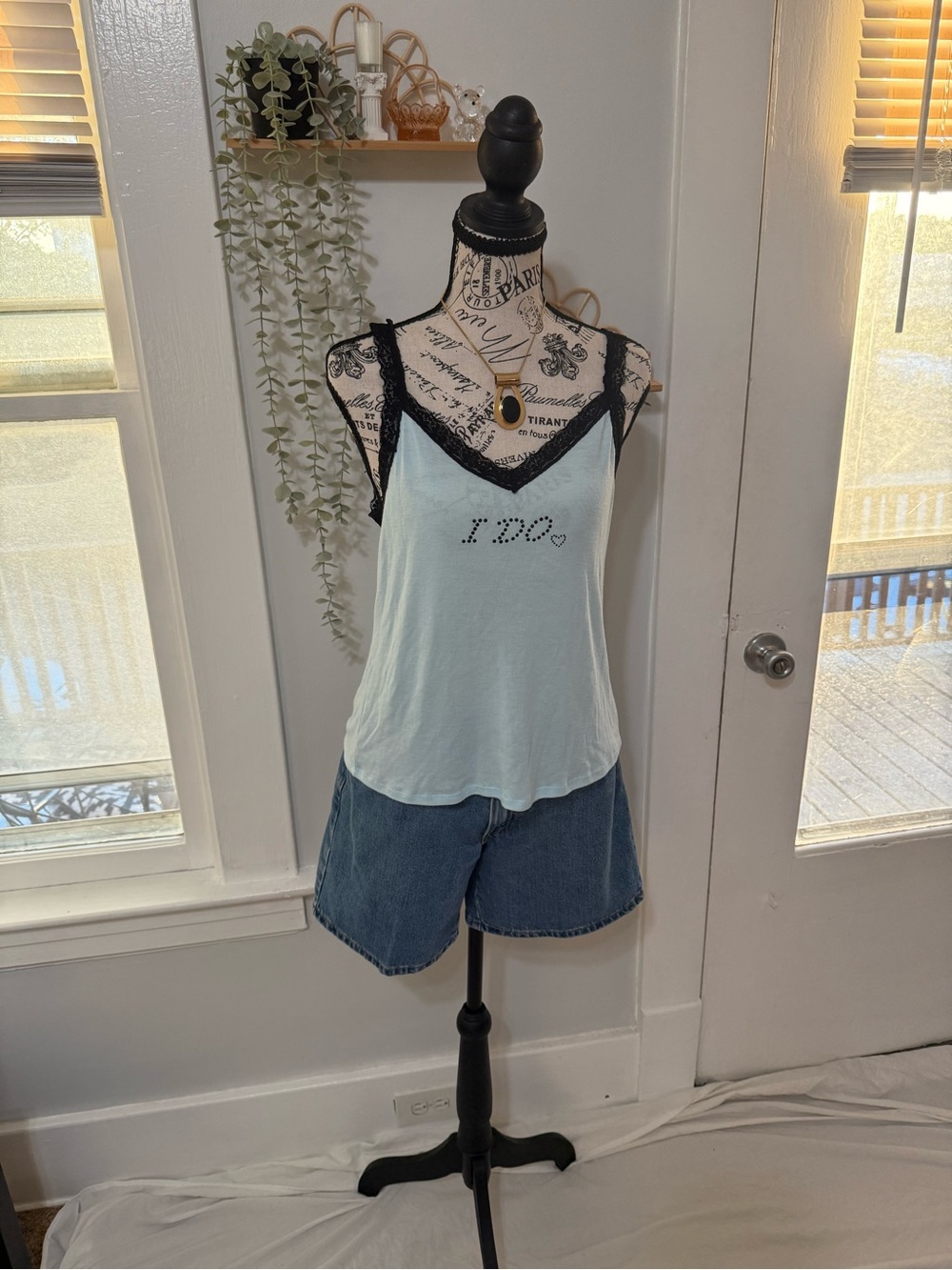 Linea Donatella Light Blue Camisole with Black Lace Trim